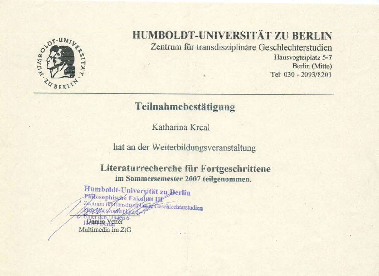 Teilnahmebestätigung Literaturrecherche für Fortgschrittene