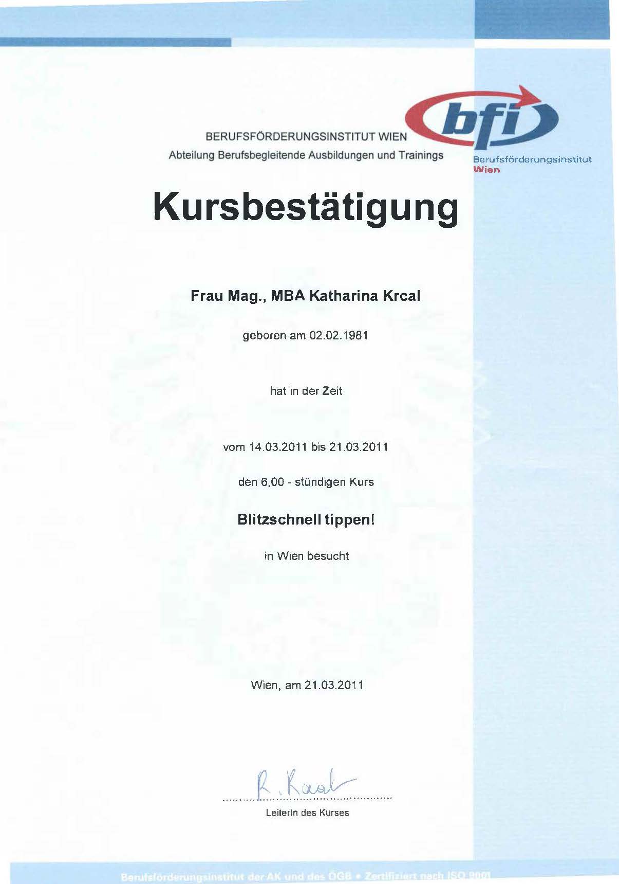 Kursbestätigung Blitzschnell Tippen