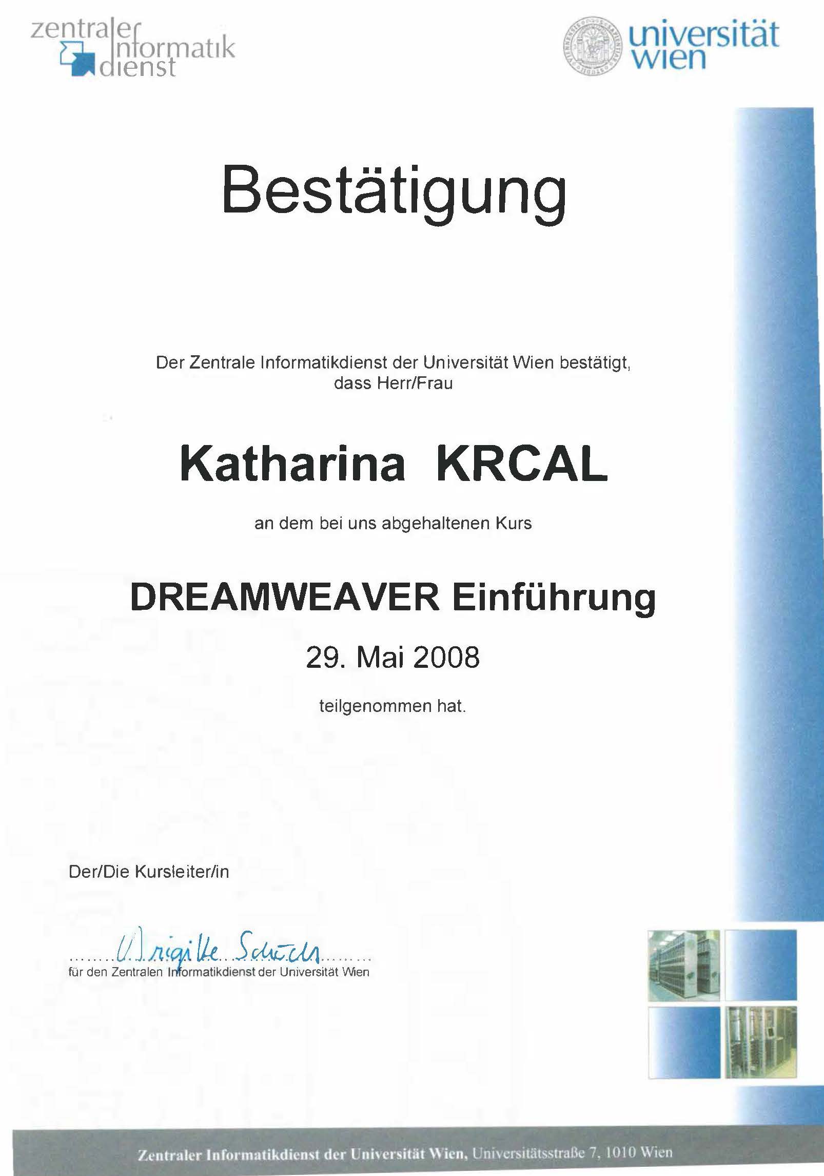 Bestätigung Dreamweaver Einführung