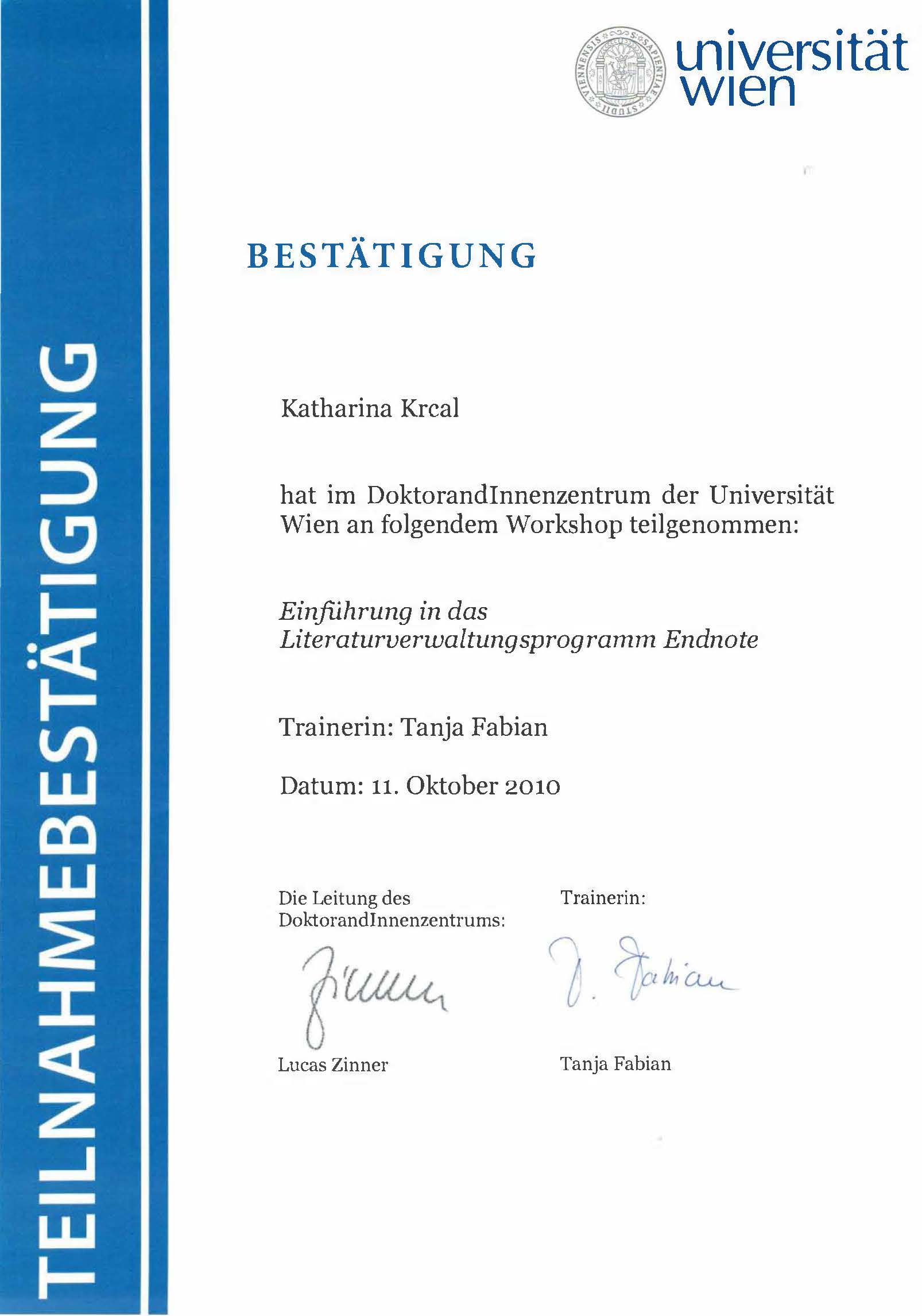 TN Bestätigung Einführung Endnote