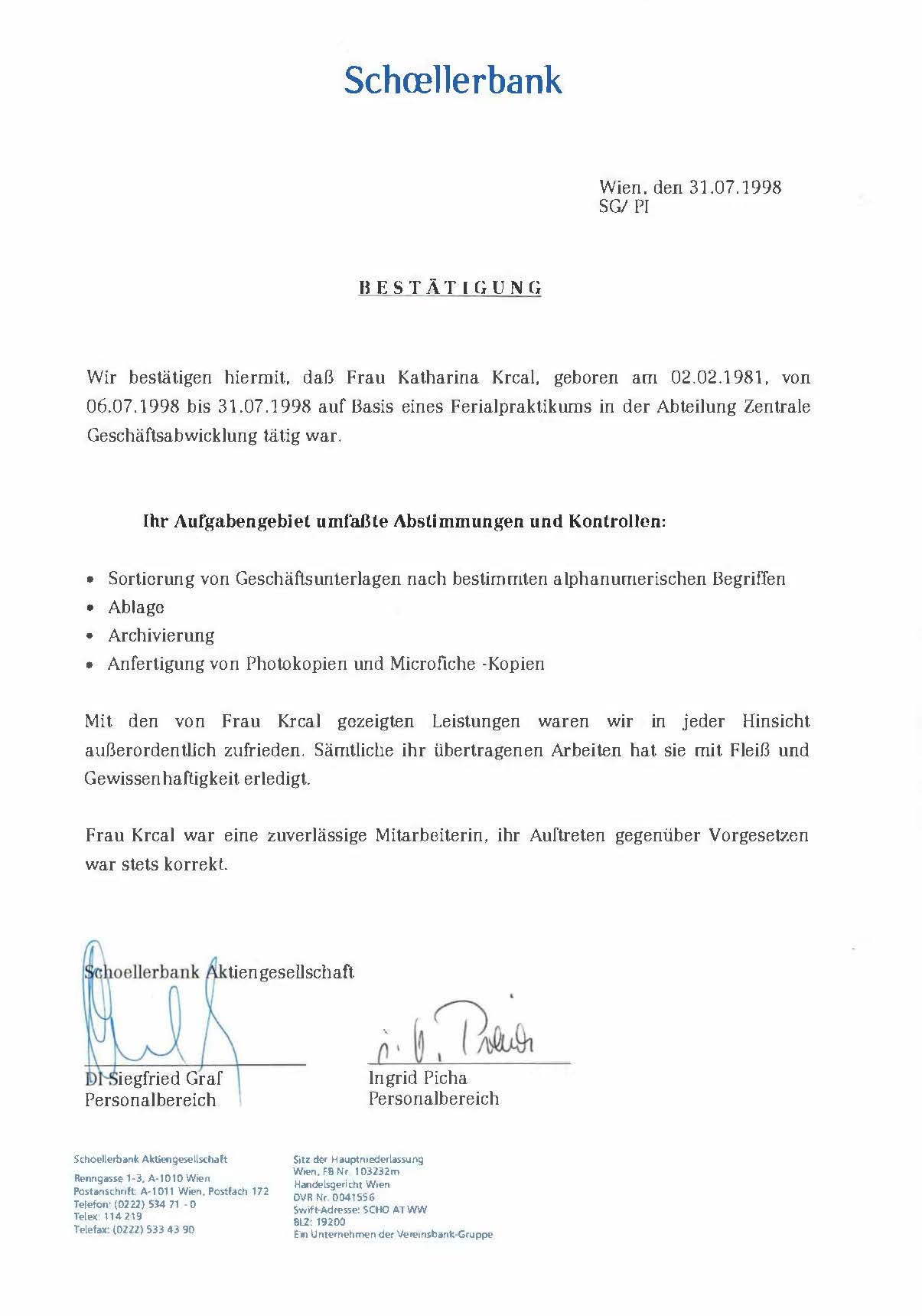 Zeugnis Schoellerbank Praktikum