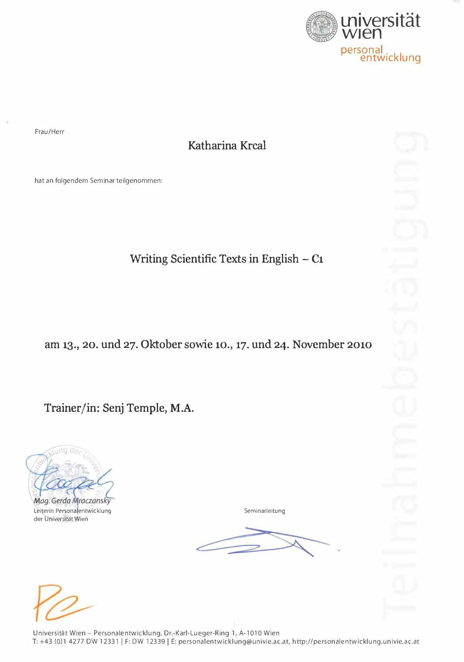 Teilnahmebestätigung Writing Scientific Texts C1