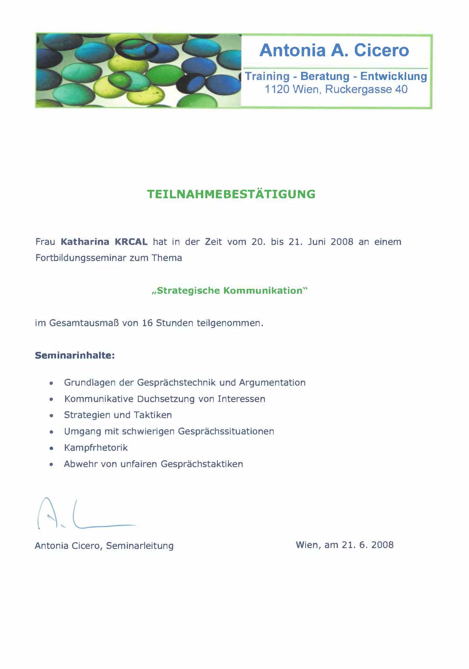 Teilnahmebestätigung strategische Kommunikation