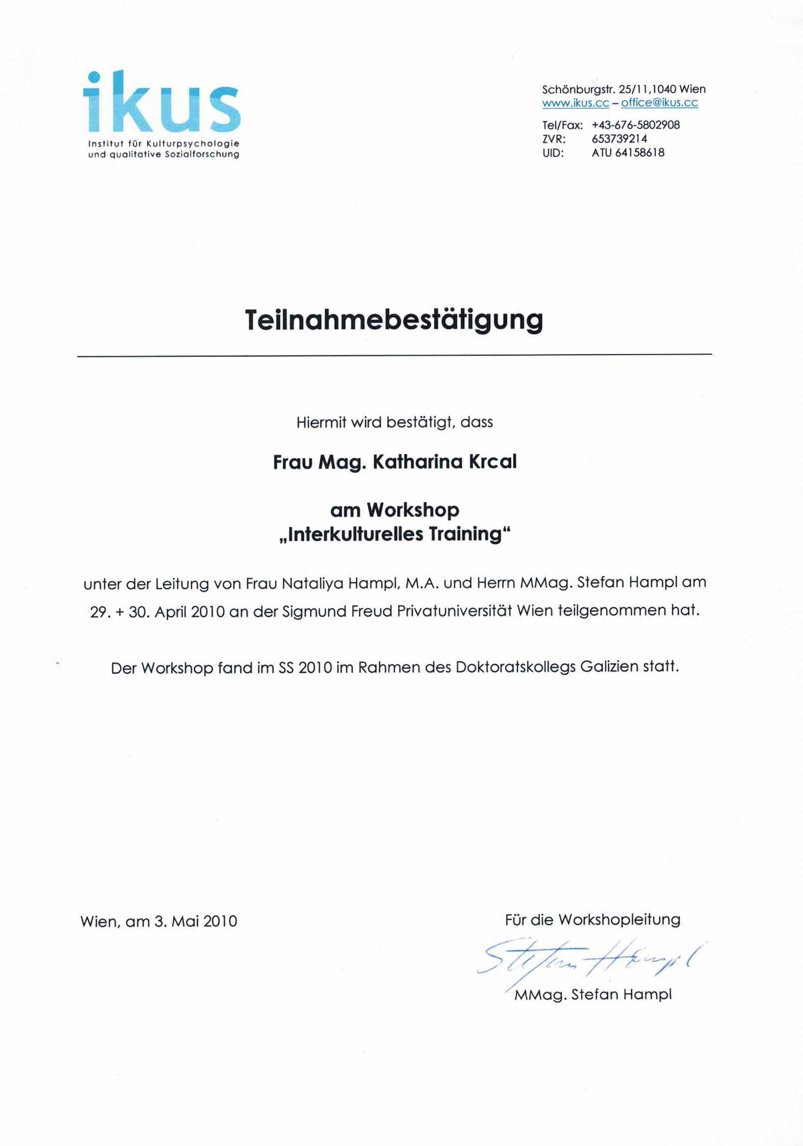 Teilnahmebestätigung interkulturelles Training